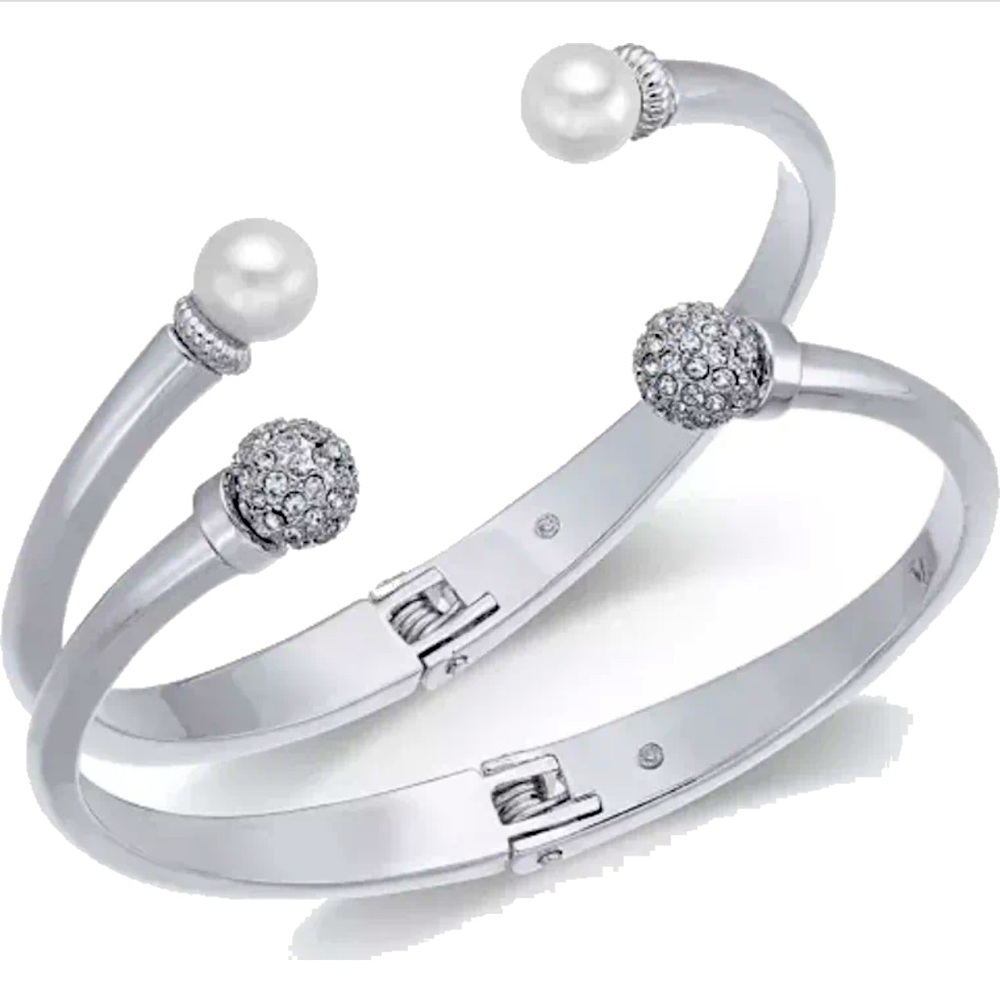 Set of Two Bangle Bracelets - Silver/Crystal/Pearl